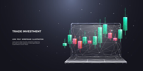 Trade investment concept. Stock market candlestick in polygonal wireframe style. Digital graph chart on laptop screen. Abstract 3D vector illustration on dark technological background.