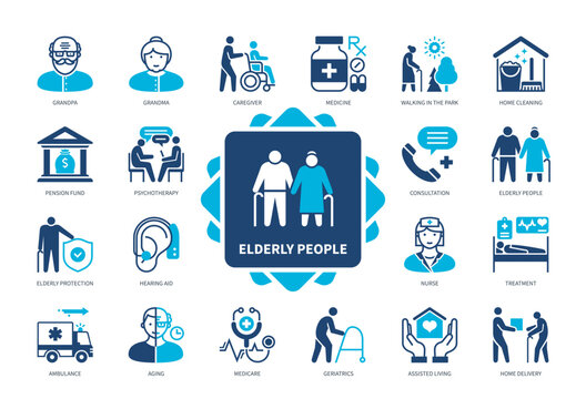 Elderly People icon set. Park Walking, Hearing Aid, Assisted Living, Medicare, Nurse, Pension Fund. Duotone color solid icons
