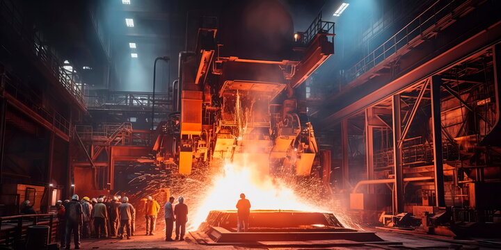 A massive steel mill with towering furnaces and sparks flying as raw materials are transformed into beams and plates for construction projects. Generative AI