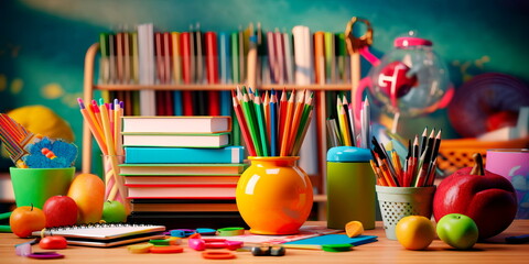 Vibrant back to school background with colorful pencils, books, and stationery arranged in a creative composition. Generative Ai