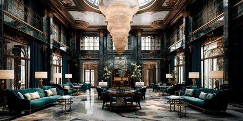 luxurious hotel lobby with exclusive furniture and a luxurious atmosphere. Generative AI