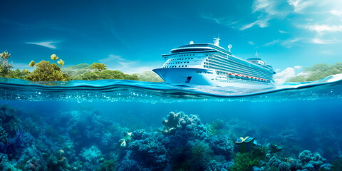 cruise ship sailing on crystal clear seas as a symbol of an unforgettable sea voyage. Generative AI