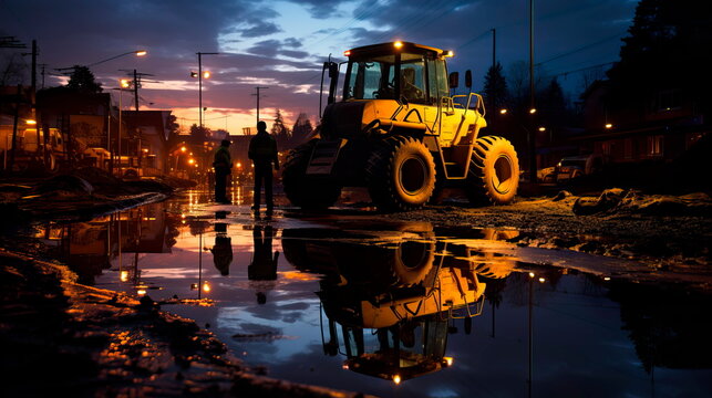 Workers operating heavy machinery in a construction site within the industrial zone. Generative Ai