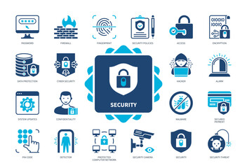 Security icon set. Password, Fingerprint, Firewall, detector, Security Camera, Hacker, Cyber Security. Duotone color solid icons