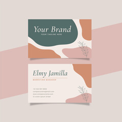 Printable Aesthetic Business Card Template Decorated with Blob and Floral Object Orange Pink Pastel Color Background
