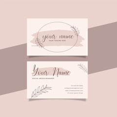Printable Aesthetic Business Card Template Decorated with Pink Brush and Botanical Frame Background