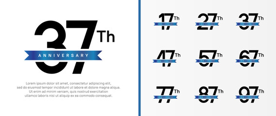 set of anniversary logo black color number and blue ribbon on white background for celebration