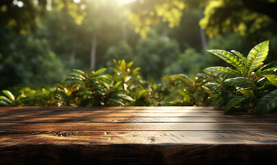 empty wooden table top, positioned in front of a blurred background of a lush green garden bathed in soft sunlight