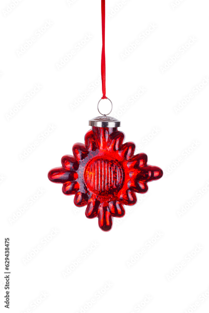 Wall mural glass red rhombus star Christmas toy, decoration, red ribbon on white background with clipping path. glass toy for decoration of Christmas fir tree. close up - Wall murals