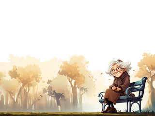 cartoon of old woman wear brown clothes and scarf sit on chair in the public park, with copy space for text, illustration, generative ai