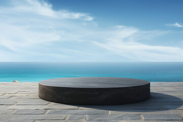 Empty round black podium on stone platform with sea and blue sky background for product display. Generative AI.