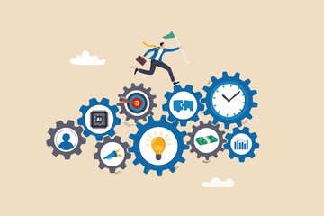 Management or project manager, working process or workflow to success, corporate operation, productivity or efficiency, strategy to achieve target concept, businessman jump on workflow cogwheel gears.