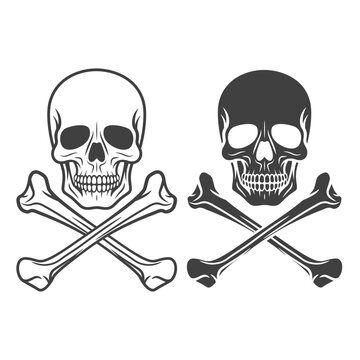 Vector Black Skull and Crossbones Icon Set Isolated. Skulls Collection with Outline, Cut Out Style in Front View. Hand Drawn Skull Head Design Template