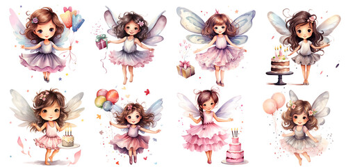 set of cute Birthday Fairy Girls in watercolor with transparent background, png, generated ai