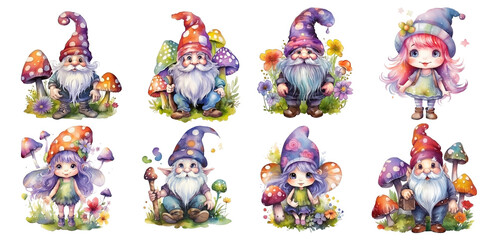 Fototapeta premium set of cute gnome in watercolor with transparent background, png, generated ai