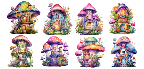 Set of cute Fairy Houses in watercolor with transparent background, png, generated ai