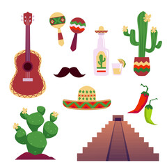 Set of mexican traditional symbols, sombrero hat, maracas and guitar, cactus and tequila vector national ethnic culture