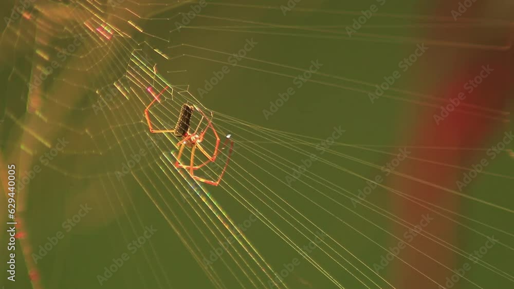 Poster angled view of a spider building a web