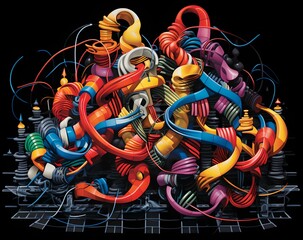 Kabel-Chaos im Regenbogen: Farbenfrohe Knotengebilde