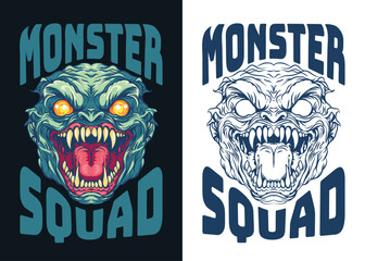 Fototapeta premium A digital illustration of a monster head, with sharp teeth, glaring eyes and tongue hanging out. The illustration is styled in a retro design