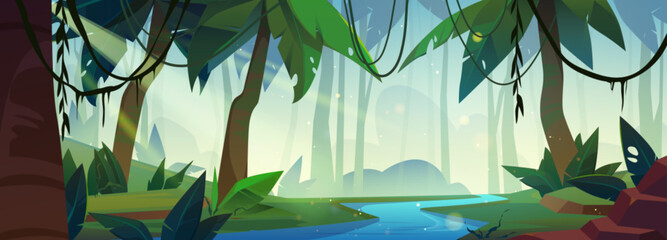 Tropical forest landscape with river. Vector cartoon illustration of jungle wood with exotic green plants, sunlight beams, liana vines on tree branches above blue water. Adventure game background