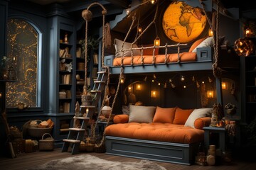 Kids bedroom with a whimsical adventure theme, featuring bunk beds, colorful decor, and a world map on the wall, inspiring young minds to explore. Generative Ai