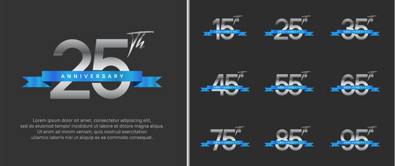 set of anniversary logo silver color number and blue ribbon on black background for celebration