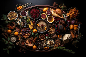 Delicious, fresh food on a black background. Abundance, healthy eating, natural, organic.