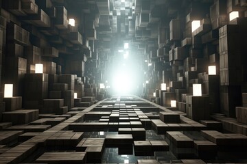 An abstract 3D space formed with dark blocks floating throughout, creating a deep and mysterious atmosphere. Photorealistic illustration