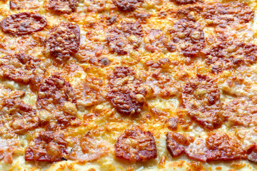 Freshly baked pizza with salami, ham and extra portion of cheese as background, texture, pattern.	