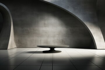 A background image, set the scene for a presentation or other visual content, showcasing a curved wall basked in sunlight, with a table at its center. Photorealistic illustration