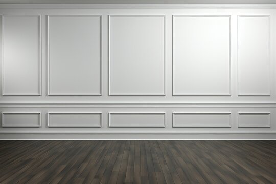 A background image featuring a polished presentation or editing setting, with a white wall adorned with wainscoting, complemented by a dark wood floor. Photorealistic illustration