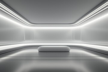 An imaginative wallpaper, depicting an imaginary room within a spaceship, boasting a futuristic and illuminated white interior. Photorealistic illustration