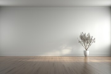 A serene background image for visual content, featuring a potted plant placed against an empty white wall, with a warm and inviting wood floor. Photorealistic illustration