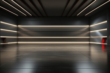 A background image for visual content, presenting a futuristic black garage with illuminated light strips. Photorealistic illustration