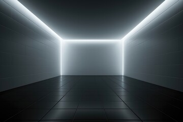 A background image for visual content, portraying a closed room with an illuminated ceiling, white walls, and contrasting black floor. Photorealistic illustration