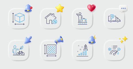 Correct answer, Luggage belt and Truck parking line icons. Buttons with 3d bell, chat speech, cursor. Pack of Eco bike, Square area, Box size icon. Loan house, Development plan pictogram. Vector