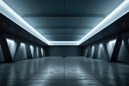 A futuristic wallpaper, featuring a dark room with an industrial look, illuminated by an overhead ceiling light. Photorealistic illustration