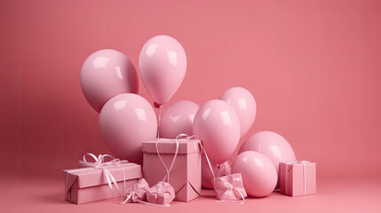 Pink ballons beside pinks gift boxes in front of a pink wall. Generative AI.