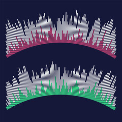 Radial white, red and green concentric particles isolated on dark blue background. Infographic template. Color equalizer. Sound wave. Sun ray or star burst elements. Vector design element.
