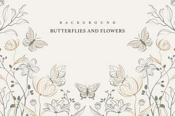 botanical green background flowers and butterflies