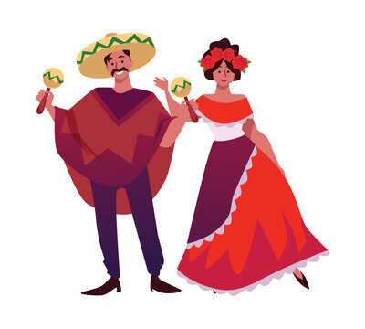 Mexican musician in sombrero hat and poncho playing maracas, woman in traditional dress with roses, vector latino people