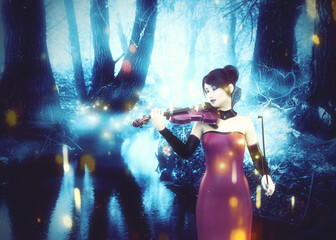 Fototapeta na wymiar Girl with violin in night forest