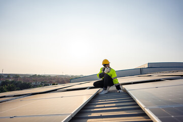 Professional engineer work to maintenance of photovoltaic panel system. 