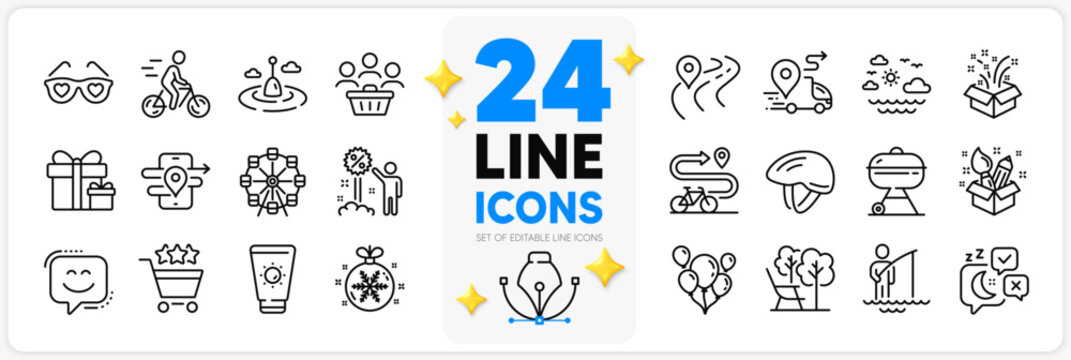 Icons set of Love glasses, Ferris wheel and Surprise package line icons pack for app with Shopping rating, Fisherman, Smile face thin outline icon. Buyers, Deckchair, Travel sea pictogram. Vector