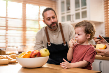 Caucasian family spending leisure free time together indoors in house. 