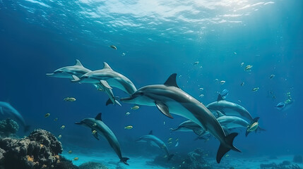Big family of dolphins swimming in the wide open blue ocean. Generative AI.