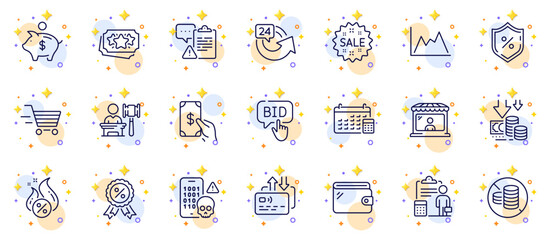 Outline set of Market seller, Hot loan and Calendar line icons for web app. Include Bid offer, Sale, Wallet pictogram icons. Diagram, No cash, Loyalty points signs. Card. Circles with 3d stars. Vector
