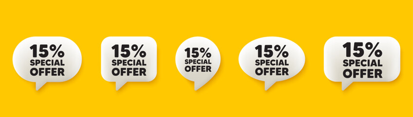 15 percent discount offer tag. 3d chat speech bubbles set. Sale price promo sign. Special offer symbol. Discount talk speech message. Talk box infographics. Vector