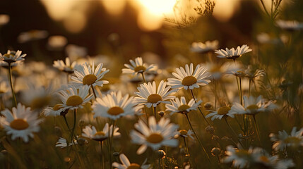 Some white blooming camomile plants in front of the orange sky in the evening. Generative AI.
